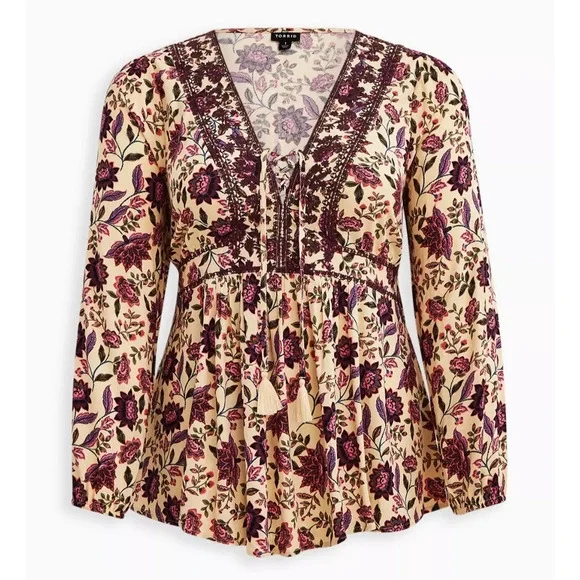 Torrid Babydoll Rayon Crepe Embroidered Lace Up Top Floral Womens Plus Size 2 2X - Picture 11 of 13